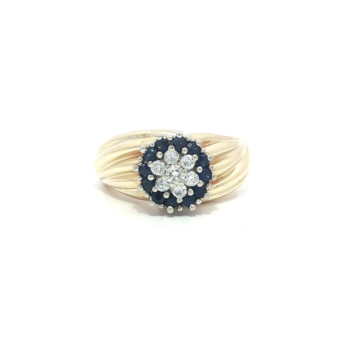 14k Yellow Gold 0.54ctw Sapphire Diamond Floral Cocktail Ring: 14k Yellow Gold 0.54ctw Sapphire Diamond Floral Cocktail Ring This exquisite cocktail ring features a stunning cluster design with rich vivid blue natural sapphires and sparkling diamonds. Crafted fro