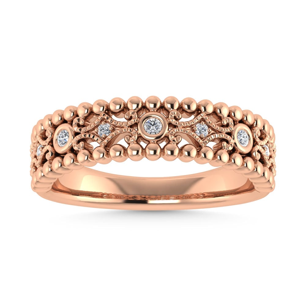 10K Rose Gold 1/10 Ct.Tw. Diamond Fashion Band: 10K Rose Gold 1/10 Ct.Tw. Diamond Fashion Band 10k Rose Gold Stone Color: G-h Stone Clarity: I1 Each ring is presented in standard size 6.5. Complimentary resizing is available between sizes 510 (in 1