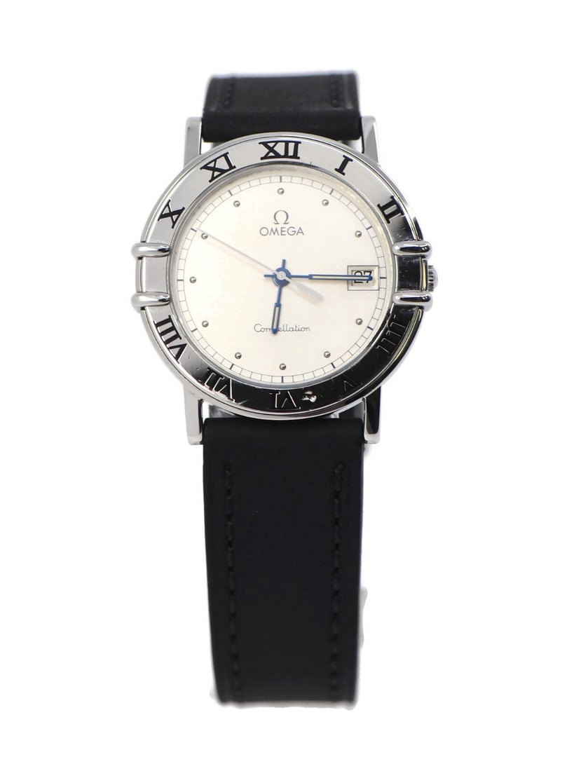 Omega Constellation Quartz Stainless Steel Watch with Leather Band: Omega Constellation Quartz Stainless Steel Watch with Leather Band This Omega Constellation wristwatch is a stunning blend of elegance and precision. Featuring a sleek stainless steel case with a 33mm
