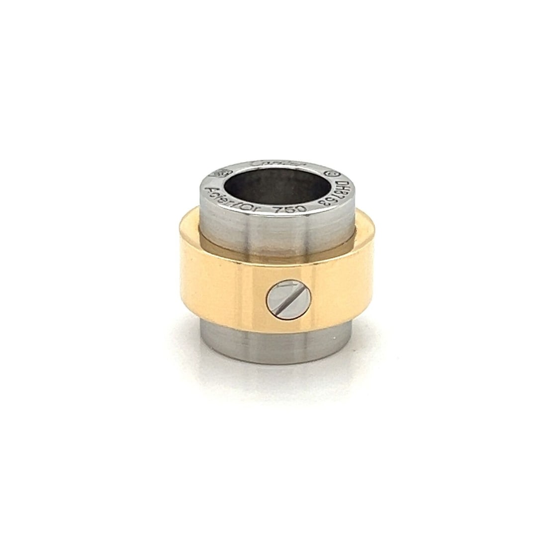 Cartier Santos Barrel Slide Charm Pendant in 18k Gold and Stainless Steel: Cartier Santos Barrel Slide Charm Pendant in 18k Gold and Stainless Steel Cartier Santos barrel slide charm pendant crafted in 18k yellow gold and stainless steel. It features a mixed-metal design ins