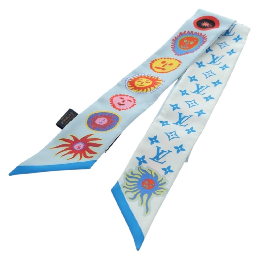 Louis Vuitton Yayoi Kusama Bando BB Silk Scarf Blue M78313: Louis Vuitton Yayoi Kusama Bando BB Silk Scarf Blue M78313 A Louis Vuitton Yayoi Kusama Face Bando BB scarf in blue silk, styled as a scarf and accompanied by its item box. It is made in Italy and ide