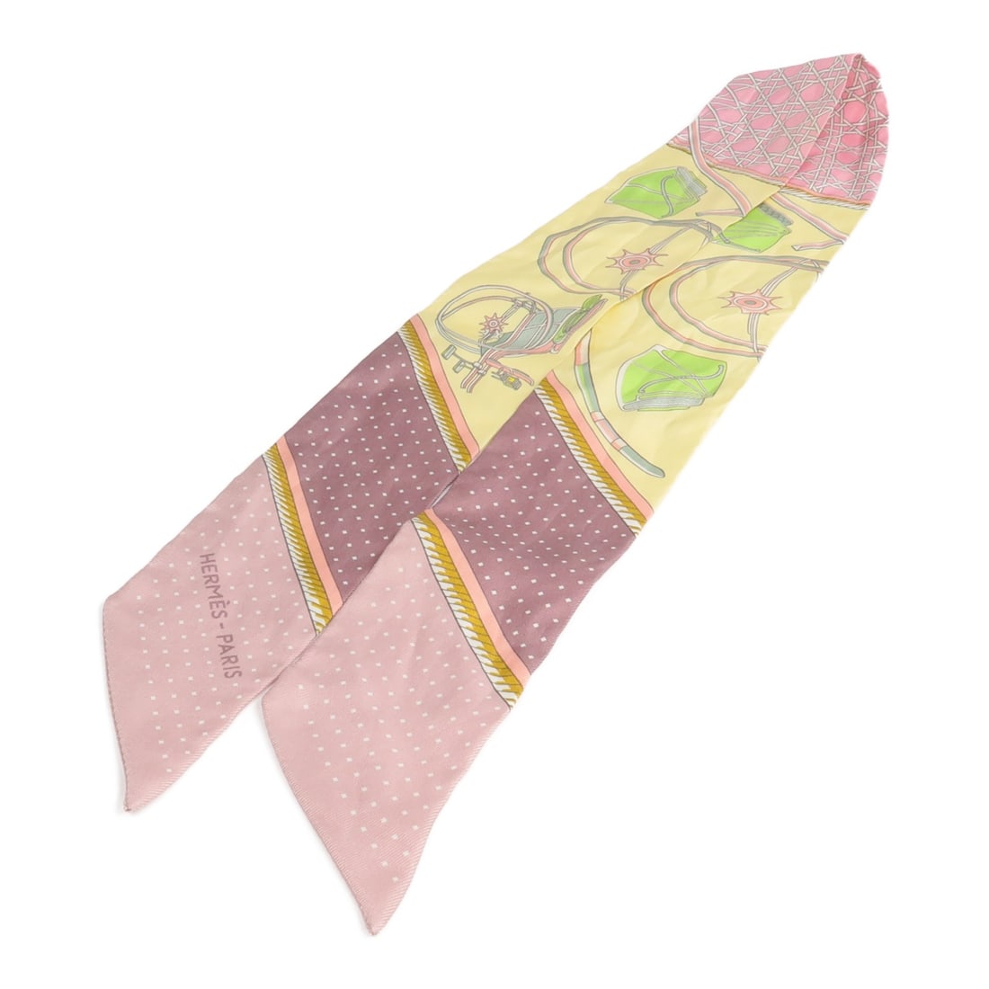 HERMES Twilly Silk Scarf Yellow Pink France: HERMES Twilly Silk Scarf Yellow Pink France Hermes Twilly scarf in silk, presented in yellow/pink tones. This women's regular-size scarf is made in France and is offered in reasonable worn condition. 