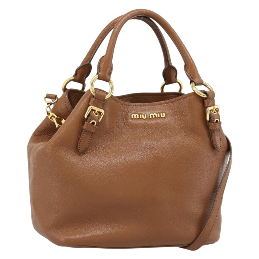 Miu Miu Brown Leather 2way Handbag with Shoulder Strap: Miu Miu Brown Leather 2way Handbag with Shoulder Strap Brown and gold Miu Miu leather hand bag in a 2way style, made in Turkey. It comes with a shoulder strap and guarantee card. The bag has a Rank B 