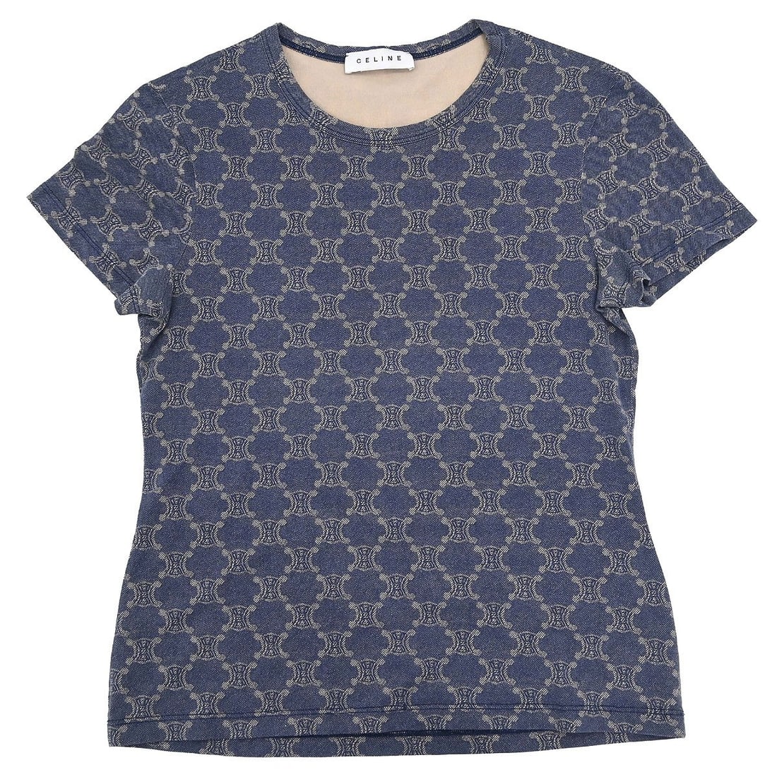 CELINE Macadam short sleeve T shirt top in navy: CELINE Macadam short sleeve T shirt top in navy Vintage CELINE Macadam short sleeve T-shirt top in navy with a round neckline and regular fit. This women's casual basic top shows some fraying, includi