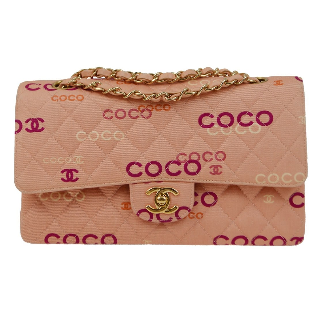 CHANEL Classic Double Flap Medium Shoulder Bag Pink Canvas: CHANEL Classic Double Flap Medium Shoulder Bag Pink Canvas Chanel Coco Classic Double Flap medium shoulder bag in pink canvas with a black lining and gold-color hardware. This shoulder bag features a 