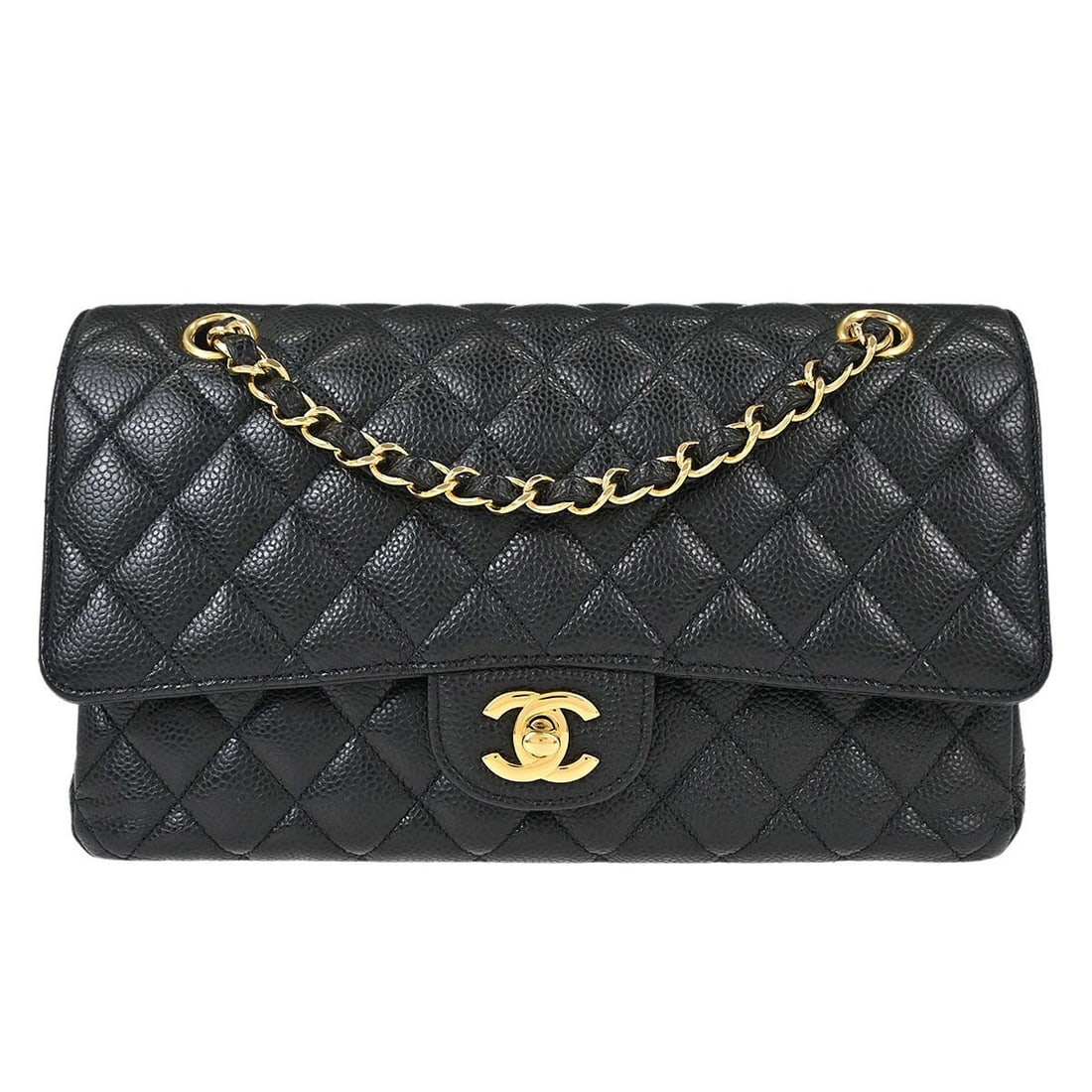 CHANEL Classic Double Flap Medium Black Leather Shoulder Bag: CHANEL Classic Double Flap Medium Black Leather Shoulder Bag Chanel Medium Classic Double Flap shoulder bag in black caviar skin leather. This women's shoulder bag features a turn-lock closure, should