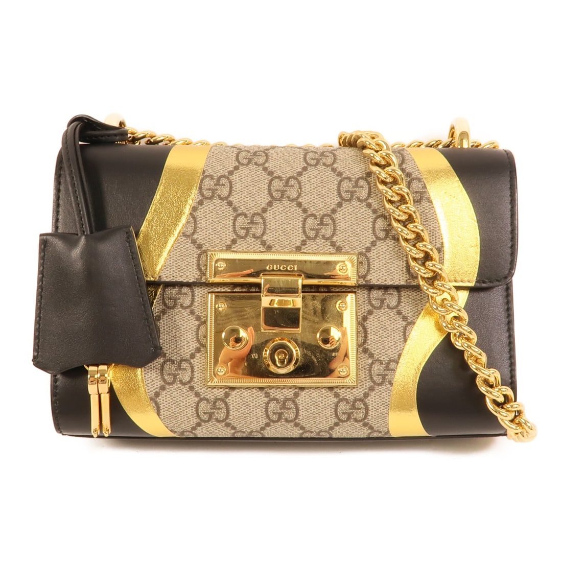 GUCCI Padlock Chain Shoulder Bag Black GG Coated Canvas Calfskin: GUCCI Padlock Chain Shoulder Bag Black GG Coated Canvas Calfskin A Gucci Padlock shoulder bag in black, made from PVC coated canvas with calfskin (cowhide) trim. It features a chain shoulder strap and