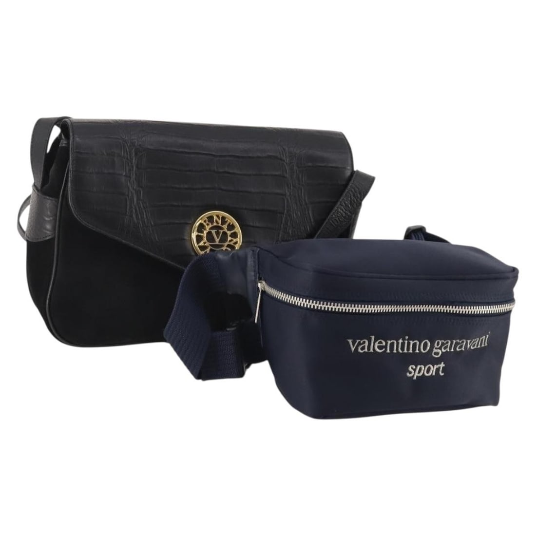 Valentino Nylon Shoulder Bag Set Black Navy Dust Bag: Valentino Nylon Shoulder Bag Set Black Navy Dust Bag This Valentino shoulder bag set includes two bags crafted from nylon with suede leather accents in black and navy. Designed for women, both bags fe