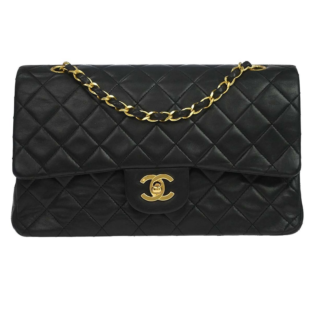 CHANEL Classic Double Flap Medium Shoulder Bag Black Lambskin: CHANEL Classic Double Flap Medium Shoulder Bag Black Lambskin Chanel Medium Classic Double Flap shoulder bag in black lambskin leather with a turn-lock closure and shoulder strap. This women's bag fea