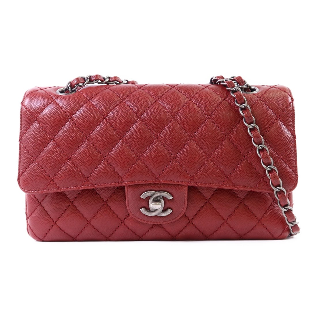 CHANEL Classic 25 CC Shoulder Bag Red Calfskin SHW: CHANEL Classic 25 CC Shoulder Bag Red Calfskin SHW A CHANEL Classic 25 chain shoulder bag in red calfskin (cowhide) leather. This women's shoulder bag features a turn-lock closure, a red frame color, 