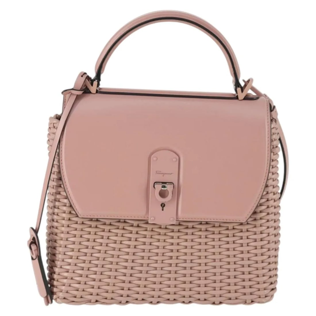 Pink Boxyz Woven Leather Handbag by Salvatore Ferragamo: Pink Boxyz Woven Leather Handbag by Salvatore Ferragamo This Salvatore Ferragamo Boxyz Top Handle Bag features a woven leather design in pink, crafted for women. Made in Italy, the bag is noted for it