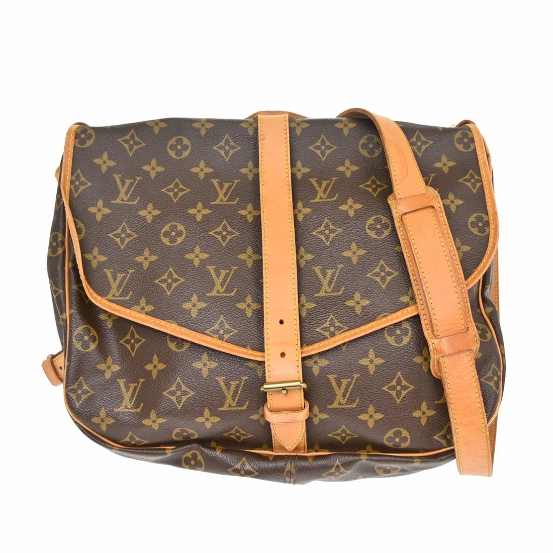 Louis Vuitton M42254 Saumur 35 Monogram Crossbody Shoulder Bag: Louis Vuitton M42254 Saumur 35 Monogram Crossbody Shoulder Bag Vintage Louis Vuitton Saumur 35 shoulder bag in Monogram canvas and leather, featuring a buckle closure and a crossbody strap. It has a b