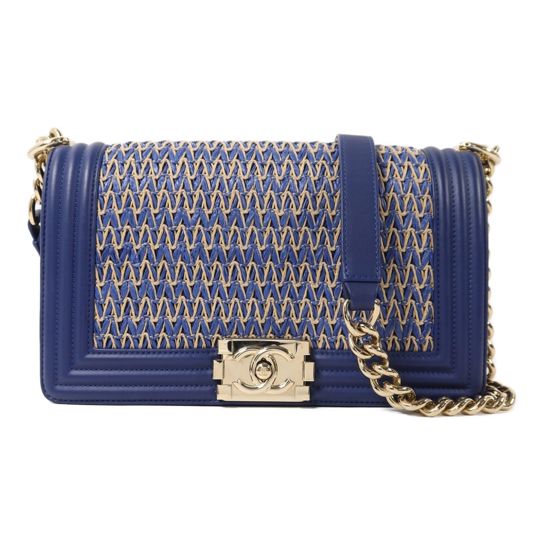 CHANEL Boy 25 Blue Raffia Chain Shoulder Bag CC GHW: CHANEL Boy 25 Blue Raffia Chain Shoulder Bag CC GHW CHANEL Boy 25 chain shoulder bag in blue raffia with gold-tone hardware. This women's shoulder bag features a flap closure and one open interior poc