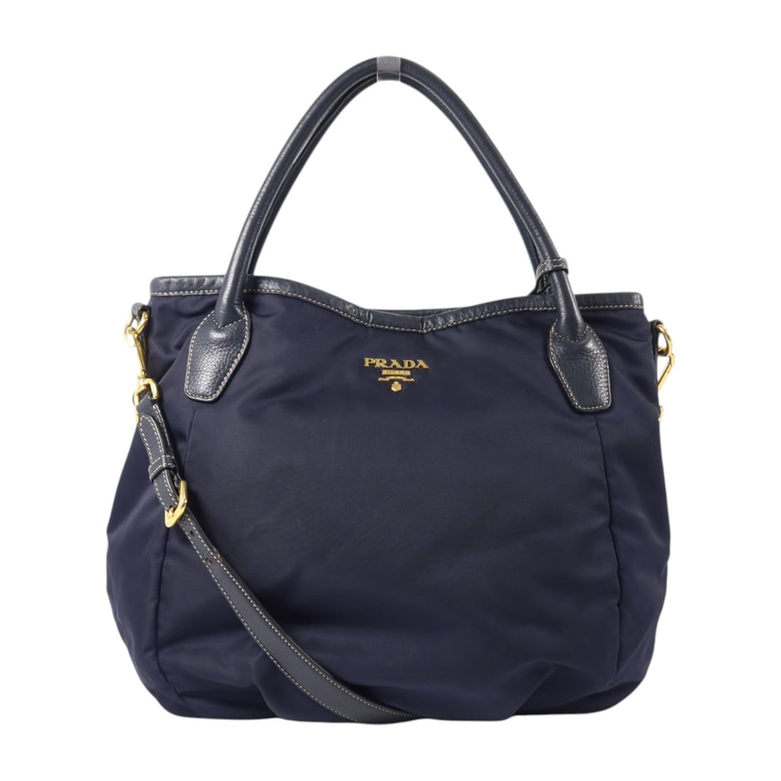 Prada BR4420 Nylon Shoulder Handbag Navy Blue: Prada BR4420 Nylon Shoulder Handbag Navy Blue Prada GHW handbag shoulder bag model BR4420 in navy blue nylon. It features a hook button closure, one inside zip pocket, one open inside pocket, a handle