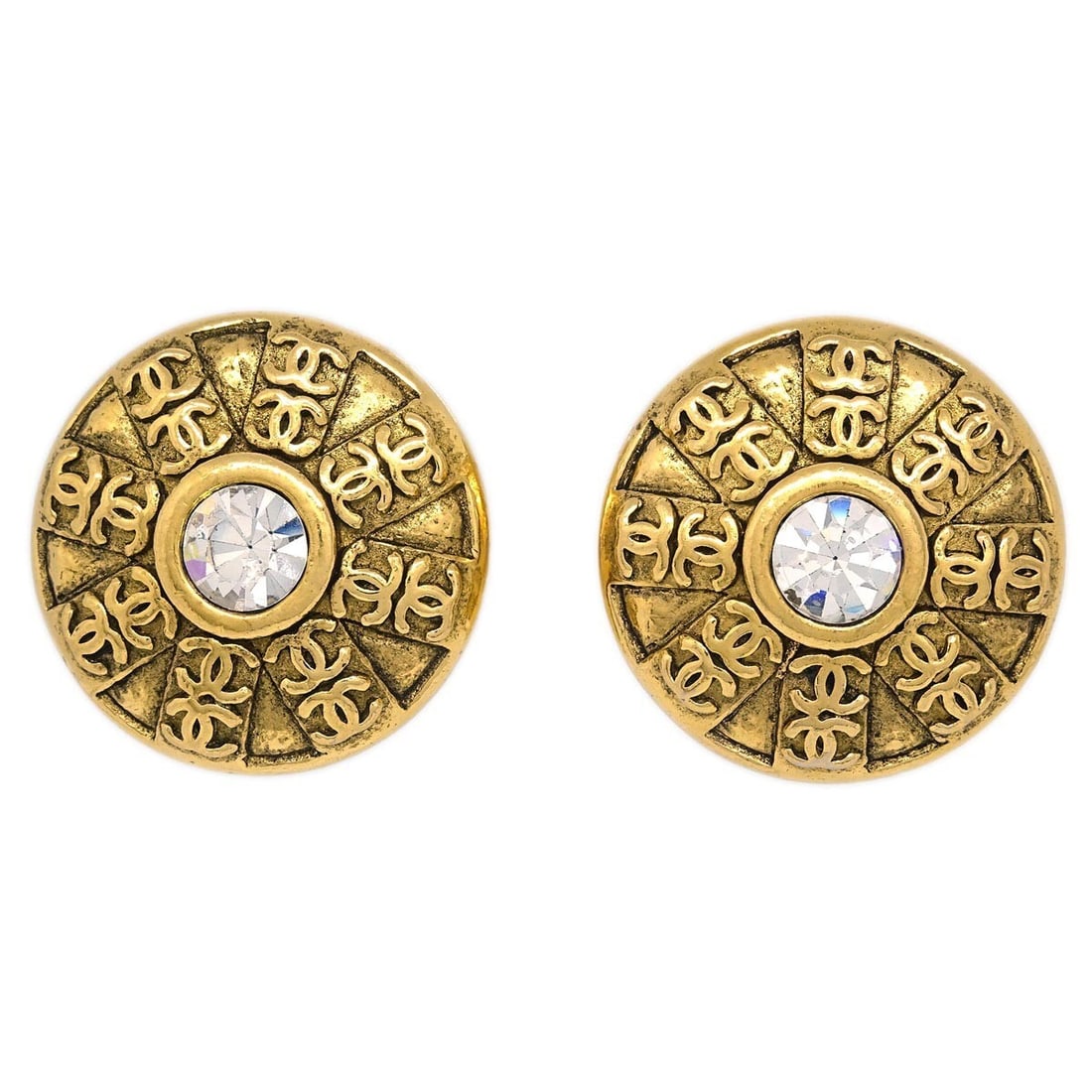 Chanel Button Clip-On Earrings Gold Plated Rhinestone Round (1 of 4)