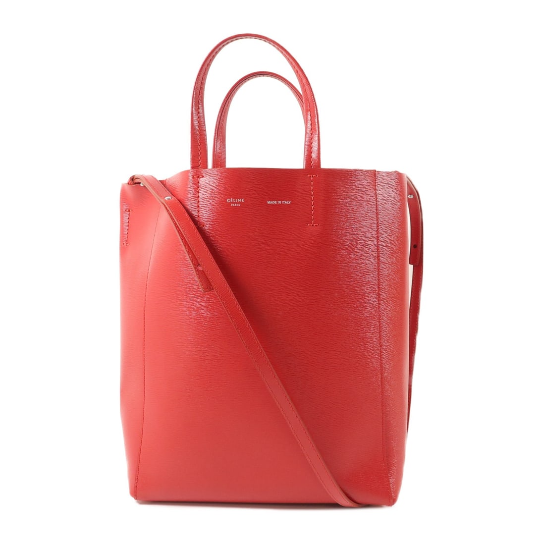CELINE Small Vertical Cabas Red Calfskin 2 Way Shoulder Bag: CELINE Small Vertical Cabas Red Calfskin 2 Way Shoulder Bag CELINE Small Vertical Cabas 2 Way Shoulder Bag in red calfskin (cowhide) leather. This women's bag is designed for hand carry or shoulder we