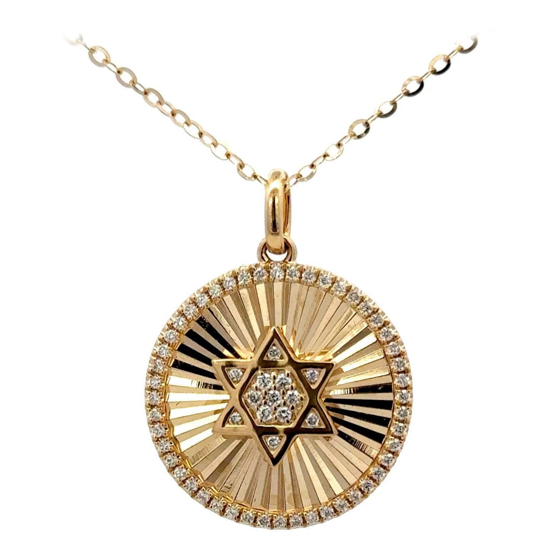 Star of David Pendant in 14K Yellow Gold with Diamonds 0.15 Carat: Star of David Pendant in 14K Yellow Gold with Diamonds 0.15 Carat This contemporary Star of David pendant necklace is finely crafted in 14K yellow gold and features a fluted medallion design. Adorned 