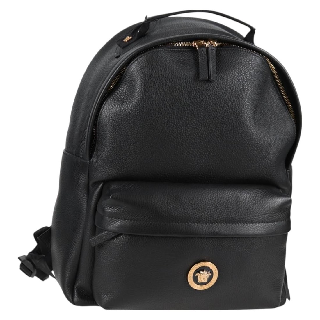 Versace black gold leather backpack with dust bag: Versace black gold leather backpack with dust bag Versace backpack in black and gold leather, made in Italy. It comes with a dust bag and is described as being in pristine condition, with the exterior
