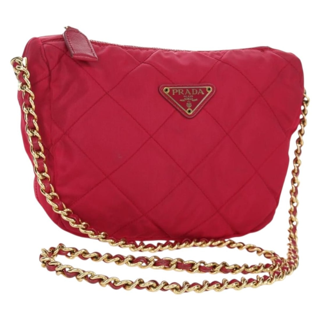 PRADA Nylon Shoulder Bag Pink with Gold Chain Dust Bag: PRADA Nylon Shoulder Bag Pink with Gold Chain Dust Bag Prada shoulder bag in pink and gold nylon, made in Italy. It comes with a dust bag and features a shoulder strap drop of approximately 18.9 inche
