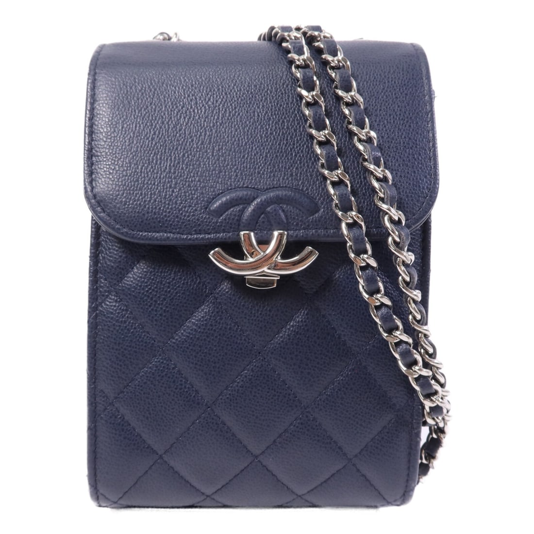 CHANEL CC Blue Calfskin Chain Shoulder Bag SHW: CHANEL CC Blue Calfskin Chain Shoulder Bag SHW A CHANEL shoulder bag in blue calfskin leather with CC hardware and a chain shoulder strap. It features a compact structured shape, interior card slots a