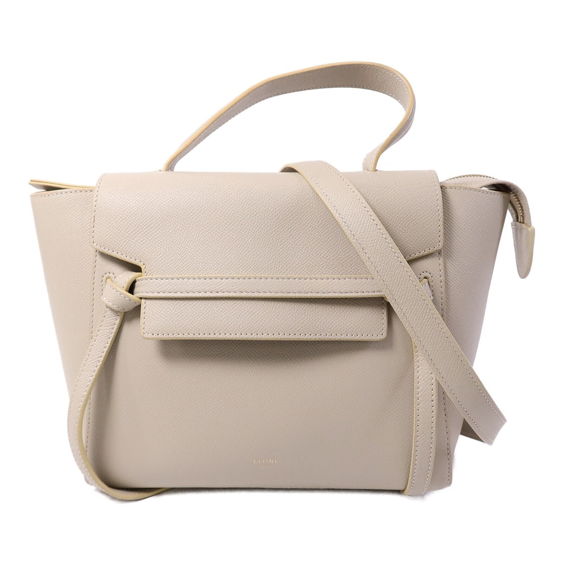 CELINE Micro Belt Bag Beige Calfskin 2 Way Shoulder Handbag: CELINE Micro Belt Bag Beige Calfskin 2 Way Shoulder Handbag CELINE 2-way shoulder bag in beige calfskin leather. The bag features a shoulder strap and includes one outside zip pocket, one inside zip p