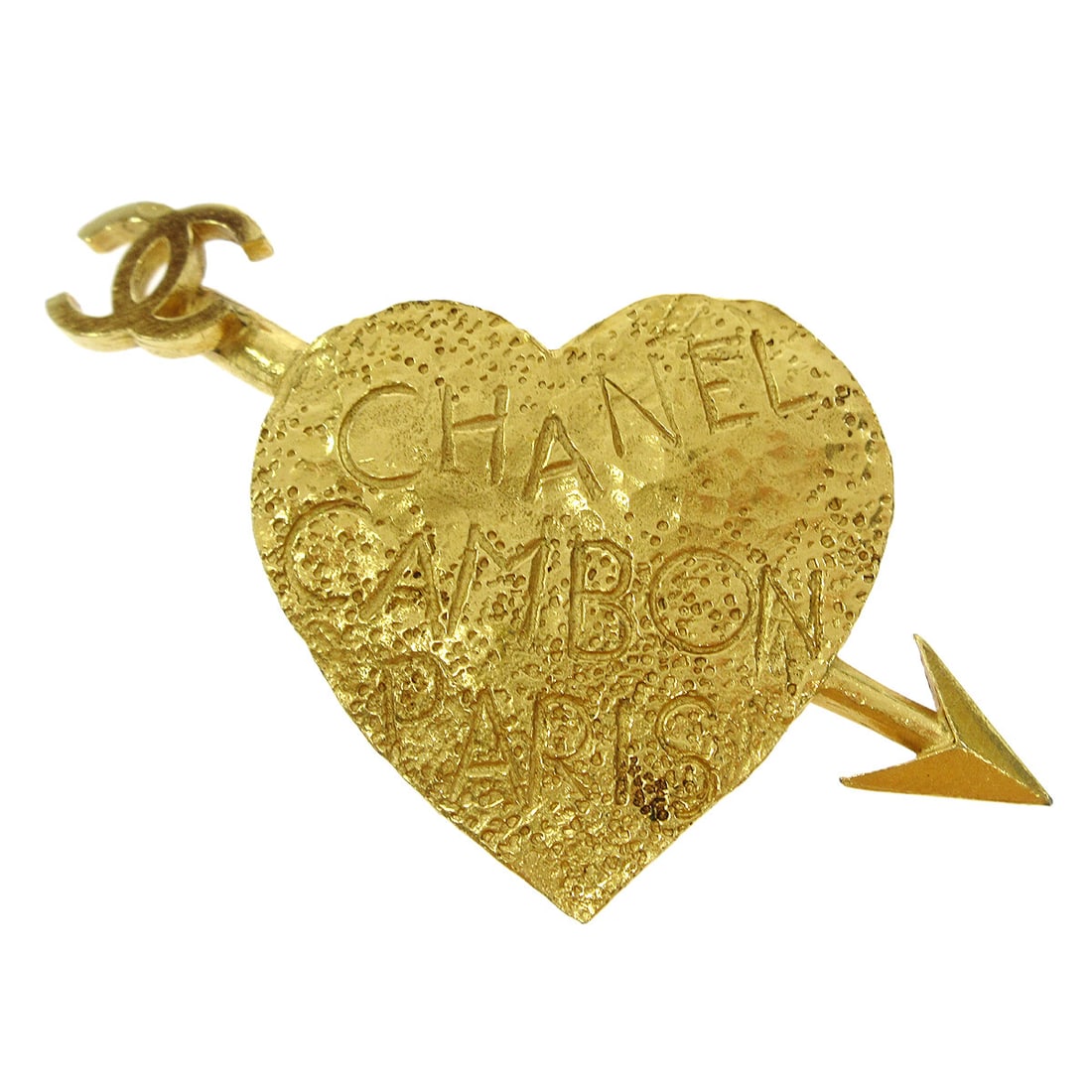 Gold Plated Chanel CC Heart Arrow Brooch 93P: Gold Plated Chanel CC Heart Arrow Brooch 93P Gold-plated CHANEL brooch from France featuring a heart and arrow motif with CC logos. The piece is described as being in very good condition with minor di