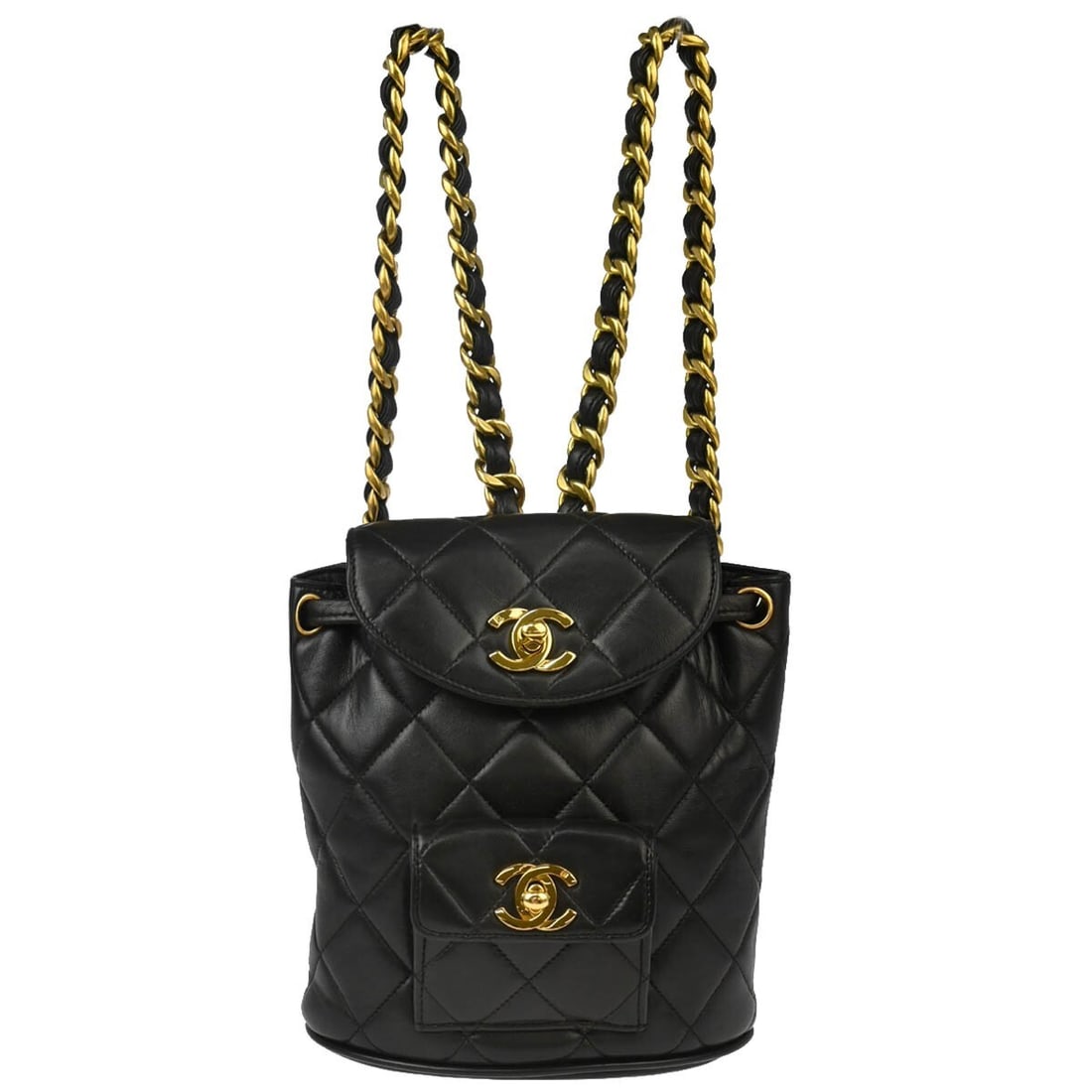 CHANEL Mini Duma Backpack Black Lambskin Drawstring Bag: CHANEL Mini Duma Backpack Black Lambskin Drawstring Bag Small Chanel Duma backpack in black lambskin with a drawstring closure, black leather lining, logo accents, and a chain strap. Made in France, t