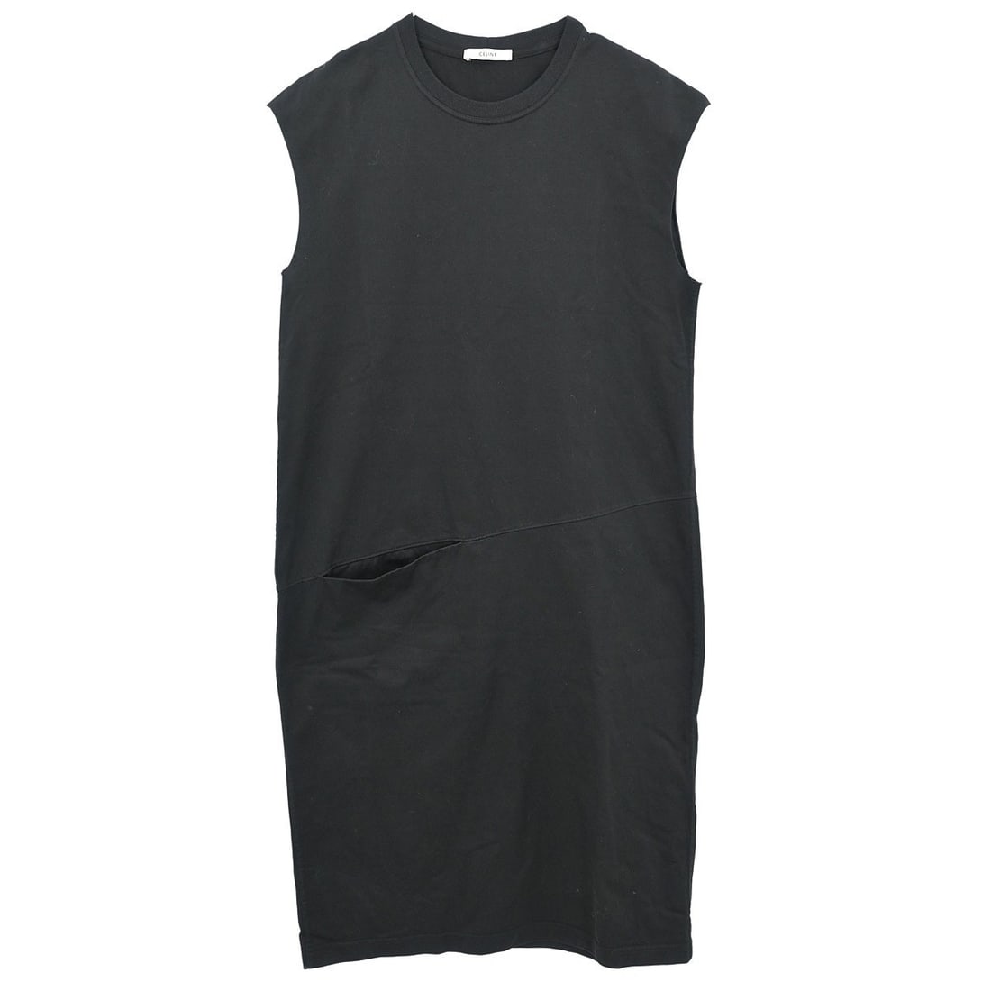 CELINE black cotton sweater dress sleeveless round neck XS: CELINE black cotton sweater dress sleeveless round neck XS Black sleeveless knee-length sweater dress by Celine with a round neckline and one exterior pocket. Made in Italy from 100% cotton, this wome