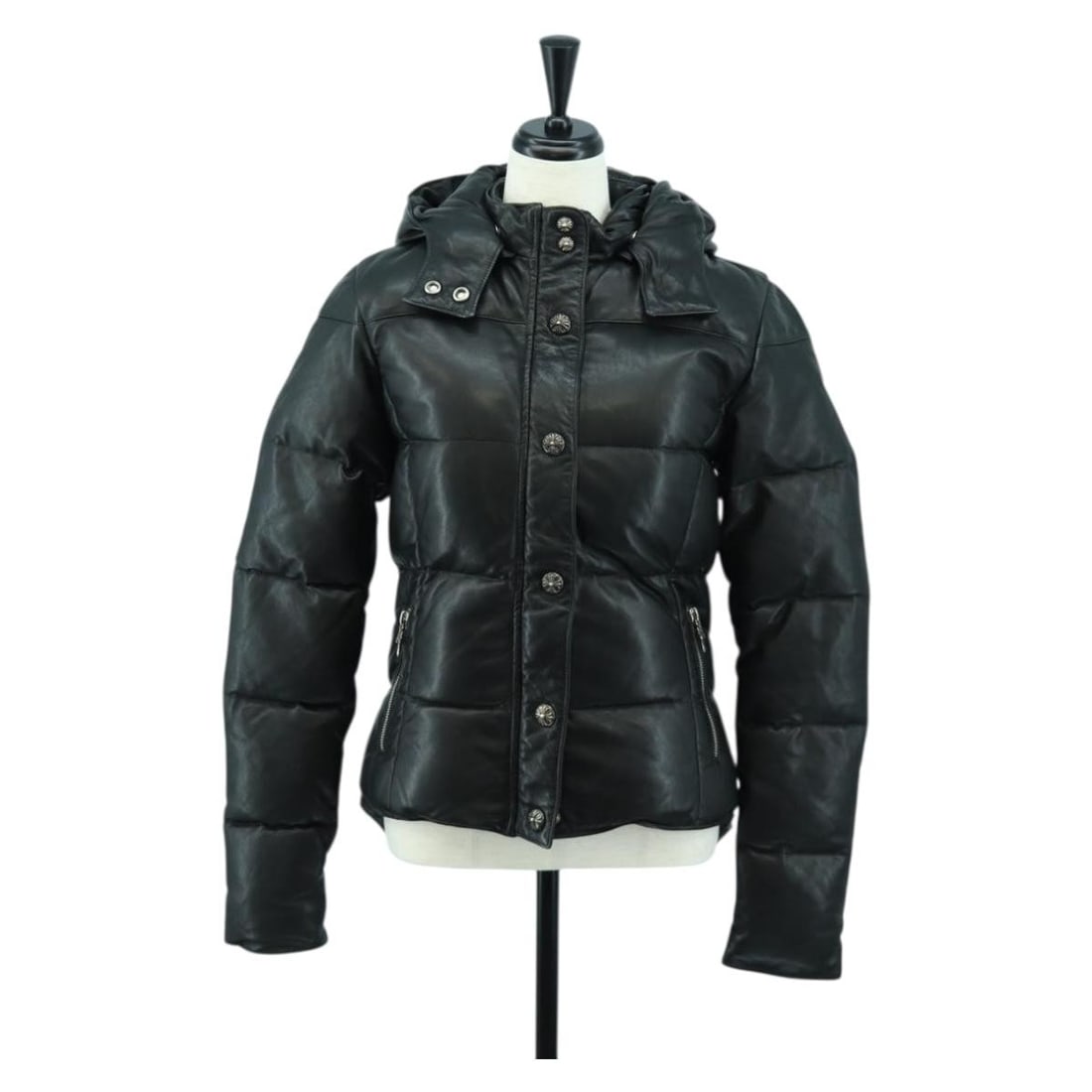 Chrome Hearts Black Lambskin Down Jacket Extra Small Women's USA: Chrome Hearts Black Lambskin Down Jacket Extra Small Women's USA This Chrome Hearts women's down jacket is crafted from luxurious black lamb skin and features a sleek, stylish design. The jacket has a