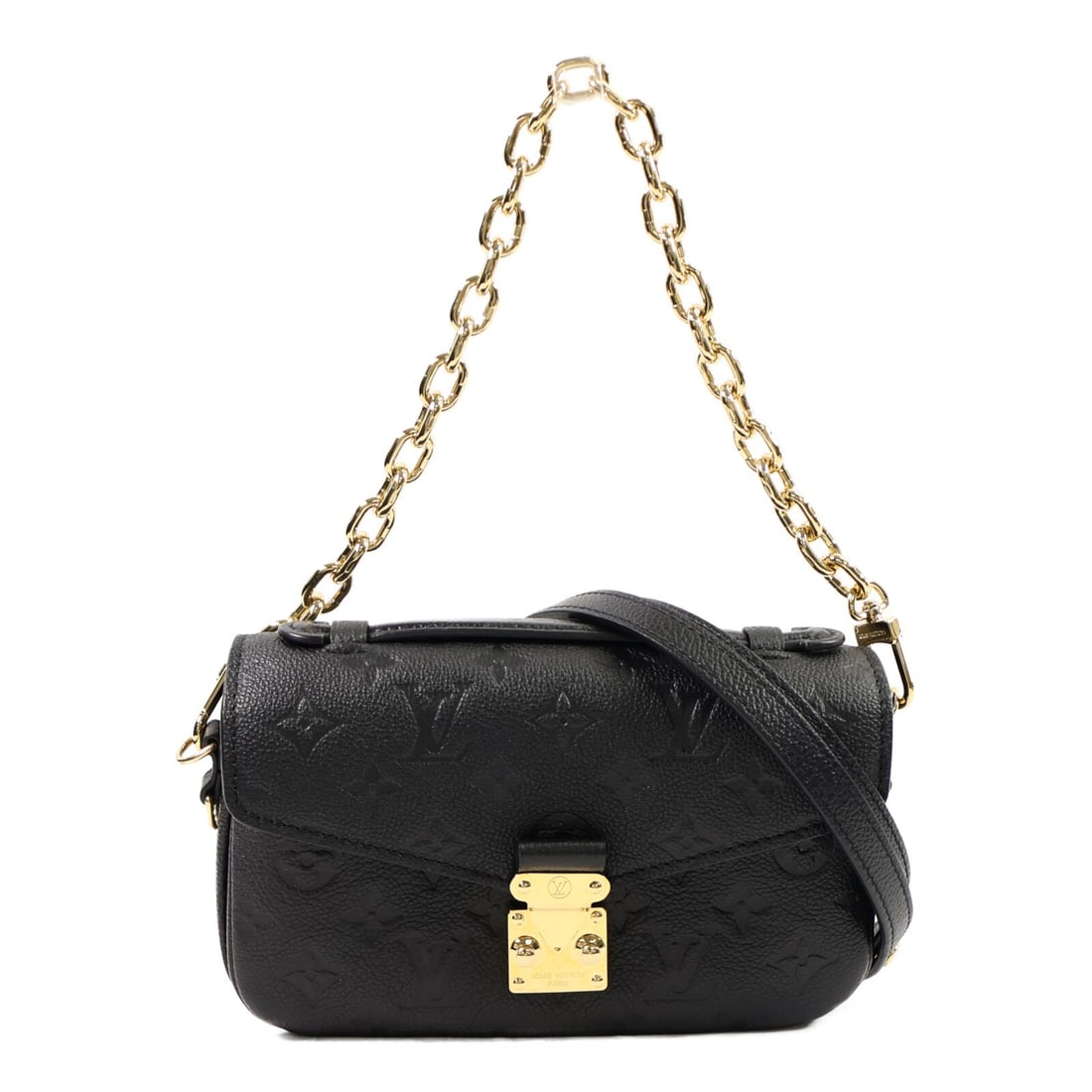 Louis Vuitton M46595 Pochette Metis East West 2way Shoulder Bag Black: Louis Vuitton M46595 Pochette Metis East West 2way Shoulder Bag Black A Louis Vuitton Pochette Metis East West 2-way shoulder bag in black Monogram Empreinte calfskin. This model M46595 features a fla