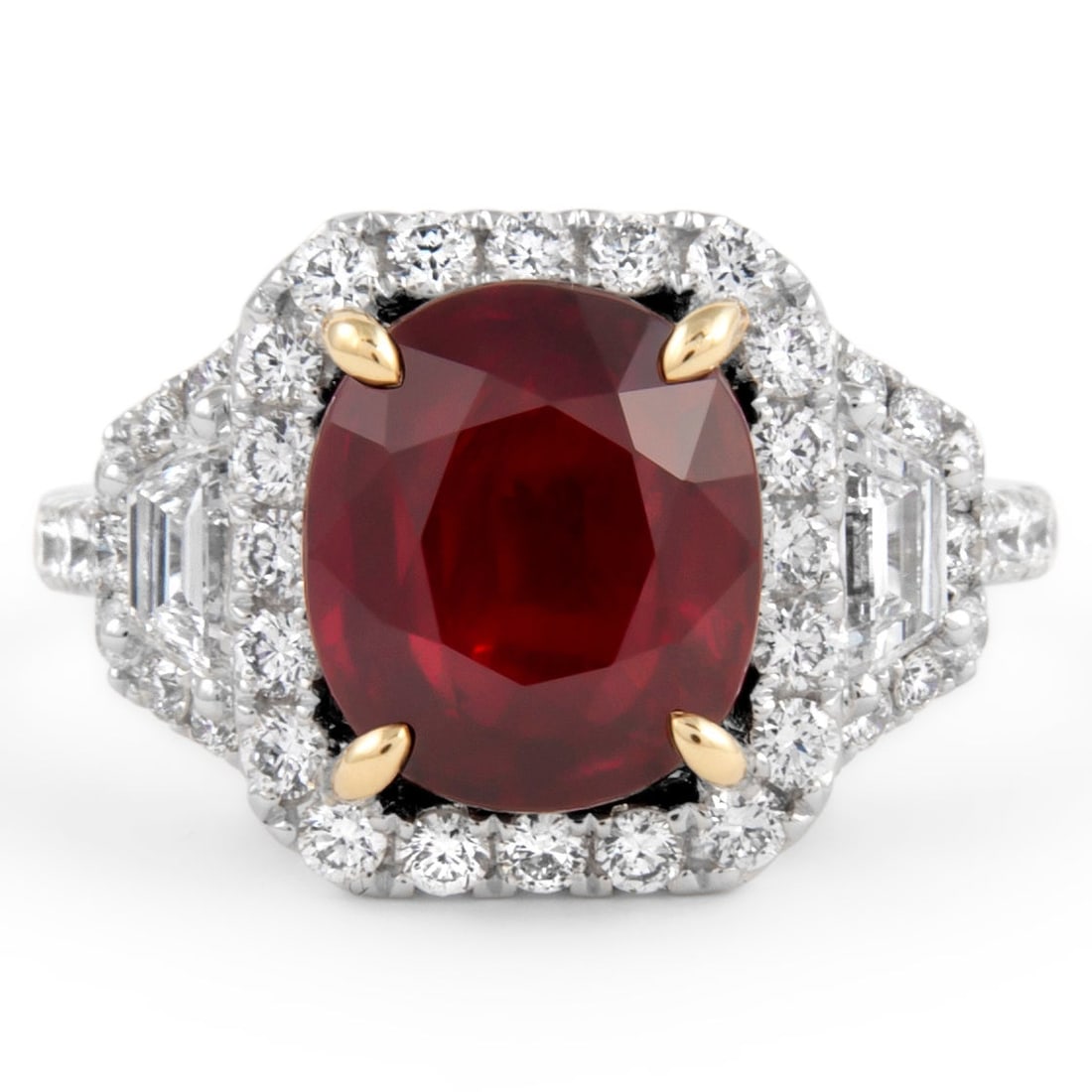 GIA 4.17ct Ruby Diamond Halo Ring 18k Gold: GIA 4.17ct Ruby Diamond Halo Ring 18k Gold This exquisite GIA certified ring features a stunning 4.17 ct oval cut ruby, often referred to as "pigeon blood" due to its vibrant color. The ring is adorne
