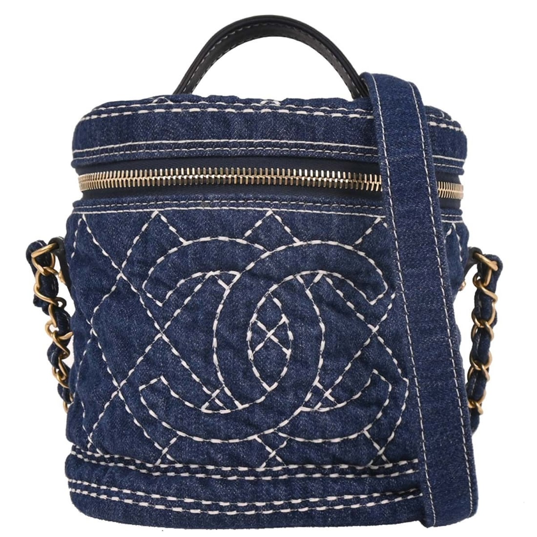 CHANEL Vanity 2way Handbag Blue Denim Leather Trim: CHANEL Vanity 2way Handbag Blue Denim Leather Trim Chanel Vanity 2-way handbag in blue denim with leather handle and strap details. This medium vanity-style bag features a zip closure, logo accents, c