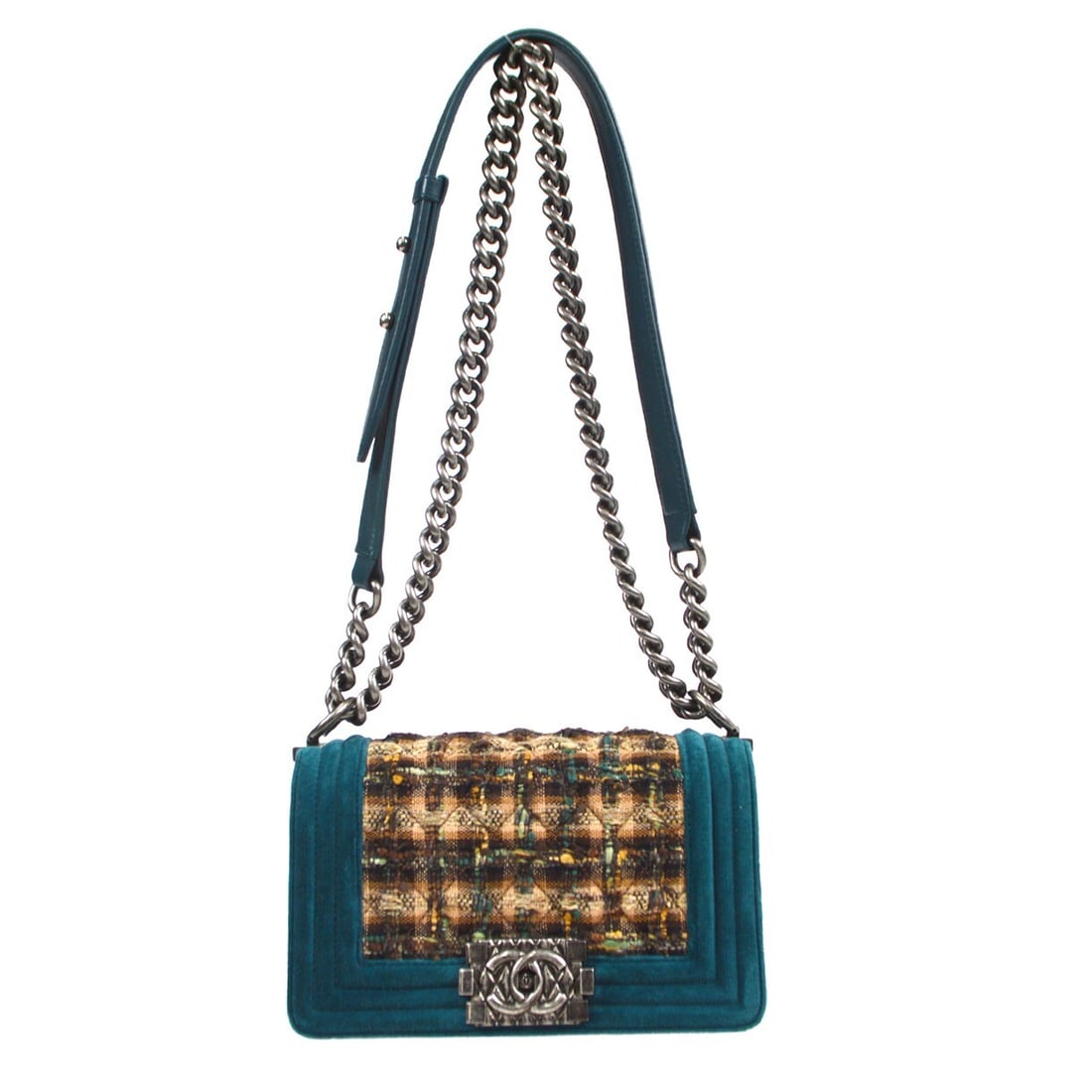 CHANEL Boy Small Tweed Velvet Shoulder Bag Blue Silver Chain: CHANEL Boy Small Tweed Velvet Shoulder Bag Blue Silver Chain Boy Chanel small double chain shoulder bag crafted in blue tweed and velvet with a flap push-lock closure and chain shoulder strap. The bag