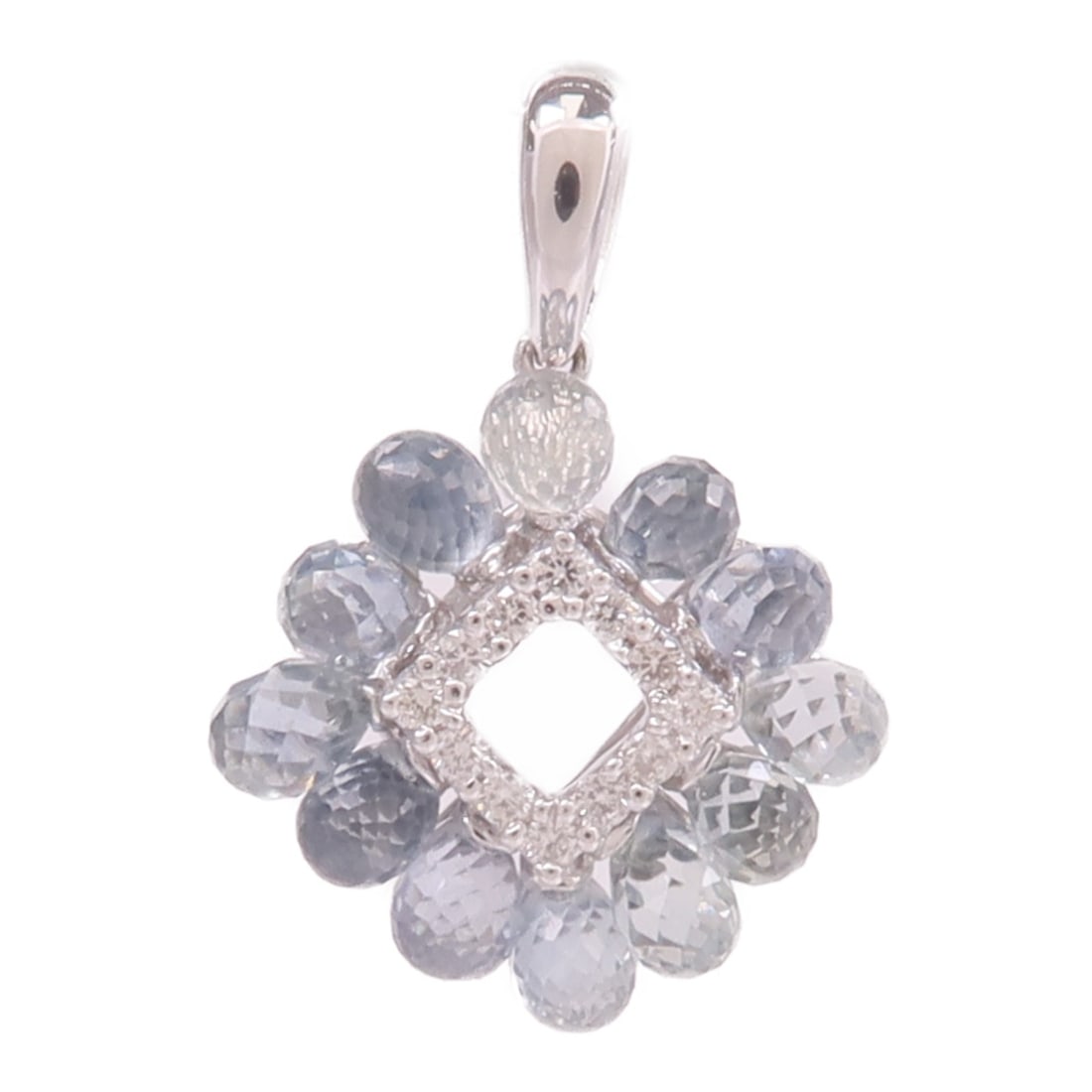 18K White Gold Pendant Top with Diamond and Clear Color Stone: 18K White Gold Pendant Top with Diamond and Clear Color Stone A pendant top in 18K white gold with diamond and color stone accents. The piece is described as clear in color and comes with a case. Cond