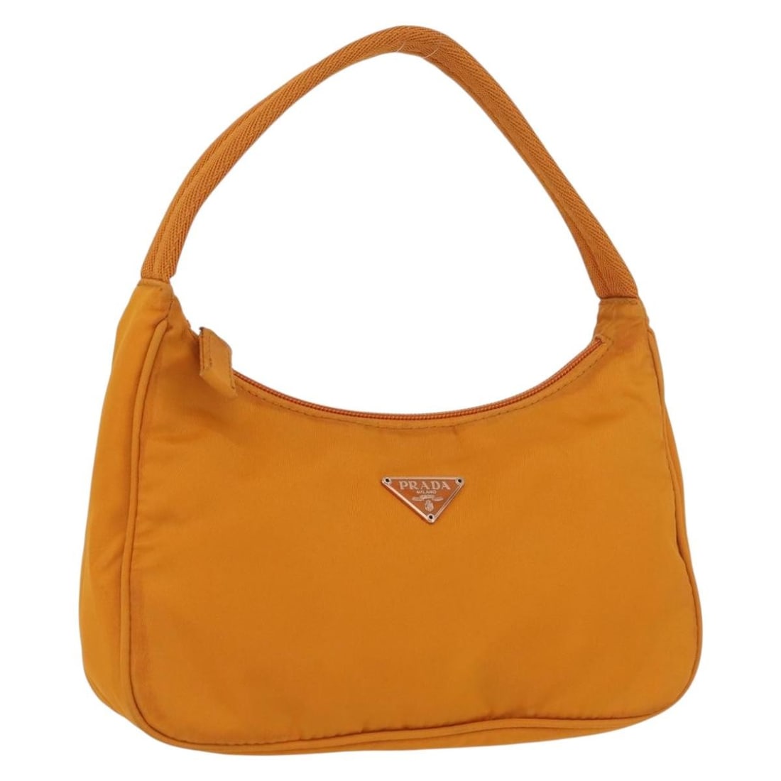 Prada Nylon Handbag Orange Gold Tone with Dust Bag: Prada Nylon Handbag Orange Gold Tone with Dust Bag Orange and gold Prada nylon handbag with a dust bag accessory. Made in Italy, this bag measures approximately 22 cm W x 12 cm H x 6 cm D with a handl