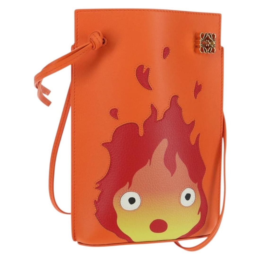 LOEWE Calcifer leather shoulder bag orange with box and dust bag: LOEWE Calcifer leather shoulder bag orange with box and dust bag This LOEWE x Ghibli Howl's Moving Castle Pebble Dice Pocket Calcifer shoulder bag is crafted from orange leather and features a compact