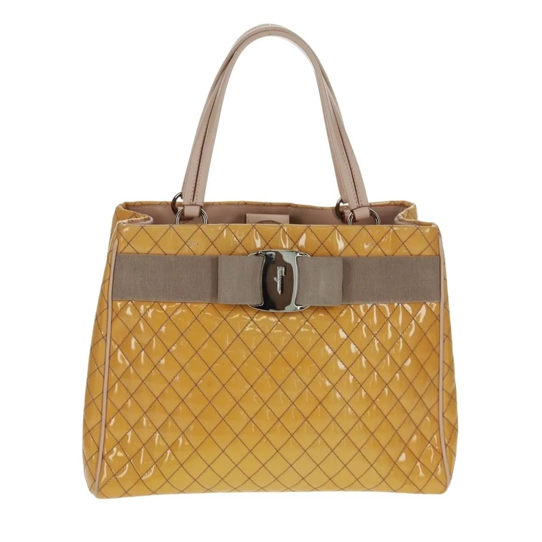Yellow Patent Leather Vala Bag by Salvatore Ferragamo: Yellow Patent Leather Vala Bag by Salvatore Ferragamo This Salvatore Ferragamo Vala handbag is crafted from yellow patent leather and designed for women. Made in Italy, it features a structured silhou
