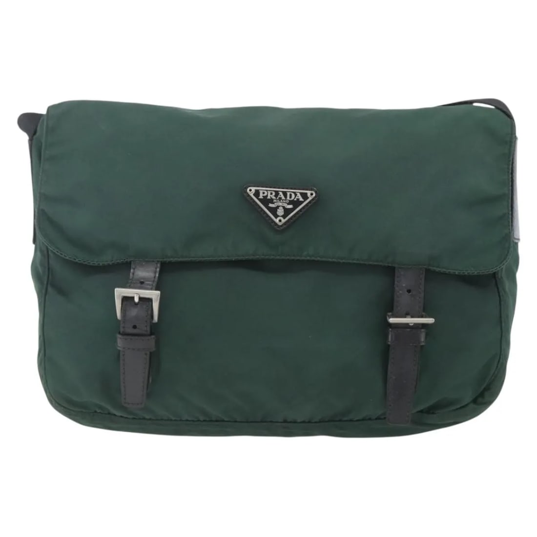 Prada nylon messenger bag Double Buckle Flap green: Prada nylon messenger bag Double Buckle Flap green This Prada Double Buckle Flap Messenger Bag is crafted from green nylon and designed for unisex use. Made in Italy, it features a double buckle flap 