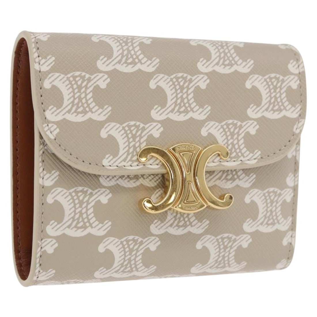 CELINE Triomphe Trifold Wallet in Beige PVC Leather with Box: CELINE Triomphe Trifold Wallet in Beige PVC Leather with Box CELINE Triomphe 3 fold wallet in beige and gold PVC leather. Made in Italy, this women's wallet includes the dust bag and item box. Conditi