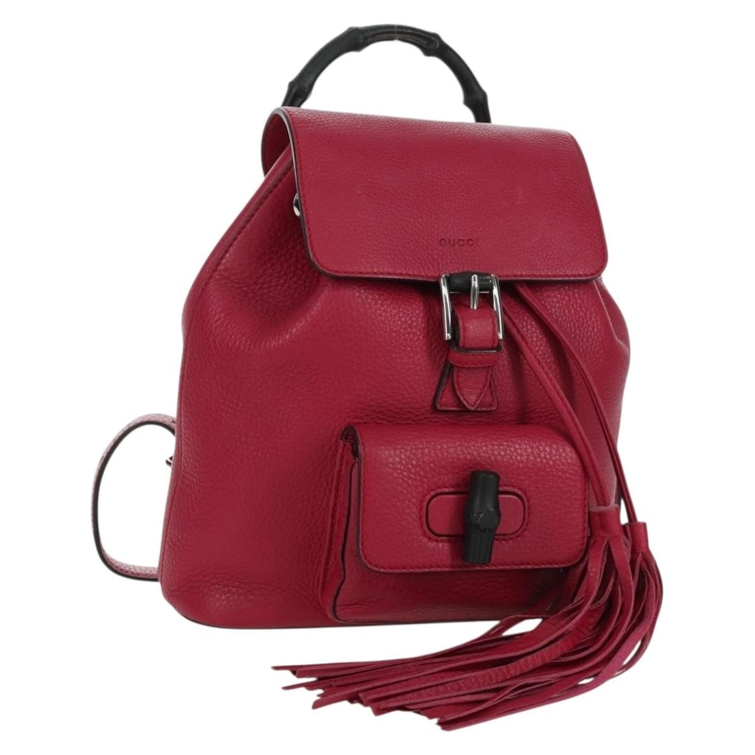 Gucci Pink Leather Bamboo Backpack with Silver Accents Model 387149: Gucci Pink Leather Bamboo Backpack with Silver Accents Model 387149 This Gucci Bamboo backpack is crafted from pink leather with silver-tone accents. Designed for women, it features a structured silho