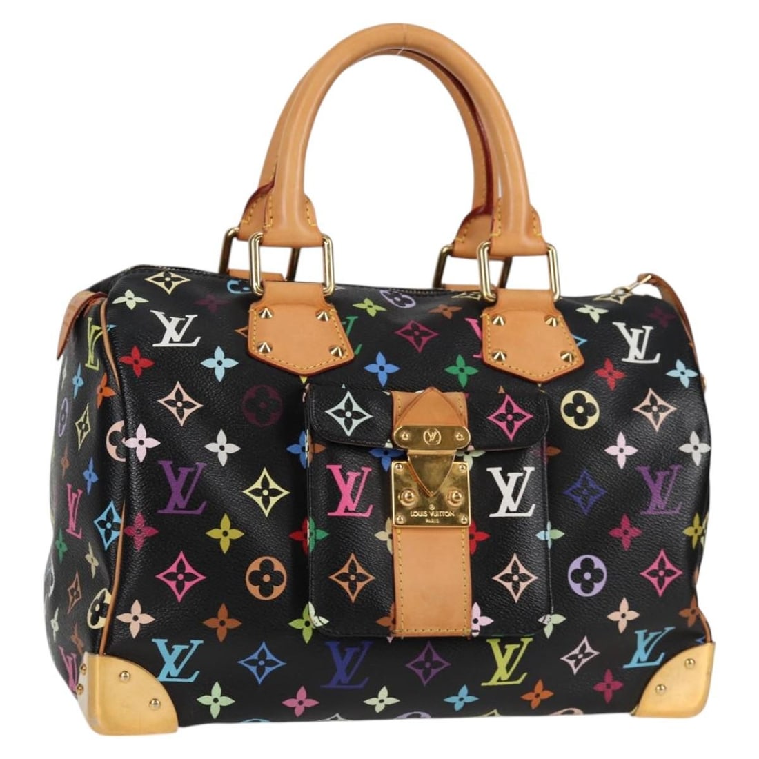 Louis Vuitton M92642 Speedy 30 Black Monogram Multicolor Handbag: Louis Vuitton M92642 Speedy 30 Black Monogram Multicolor Handbag Louis Vuitton Monogram Multicolor Speedy 30 hand bag in black Monogram Multicolor Canvas, made in France. It comes with a dust bag and 