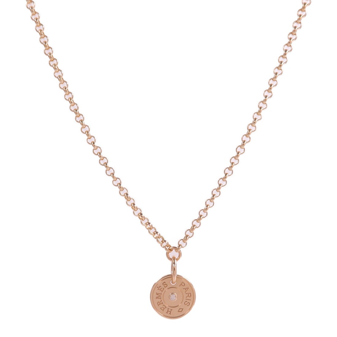 Hermes Ex-Libris Diamond Pendant Necklace 18K Rose Gold: Hermes Ex-Libris Diamond Pendant Necklace 18K Rose Gold Hermes Ex-Libris pendant necklace featuring a diamond-accented motif in 18K pink gold. The piece is described as clear in color and comes with s