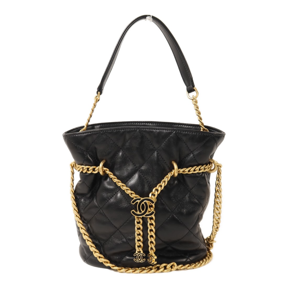 Chanel AS3116 CC Bucket 2way Shoulder Bag Black Lambskin GHW: Chanel AS3116 CC Bucket 2way Shoulder Bag Black Lambskin GHW A CHANEL 2way shoulder bag in black lambskin (sheep leather) with a chain bucket design and gold hardware. It is a women's regular-size bag
