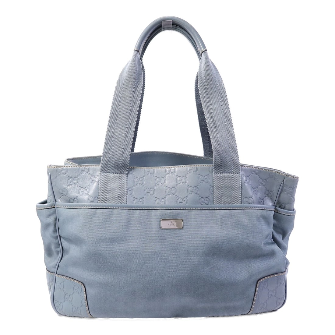 Gucci 161770 GG tote in blue calfskin and canvas: Gucci 161770 GG tote in blue calfskin and canvas A GUCCI GG SHW tote bag, model 161770, in blue calfskin (cowhide) and canvas. It features a 35 cm width, 25 cm height, and 14 cm depth, with a 50 cm ha