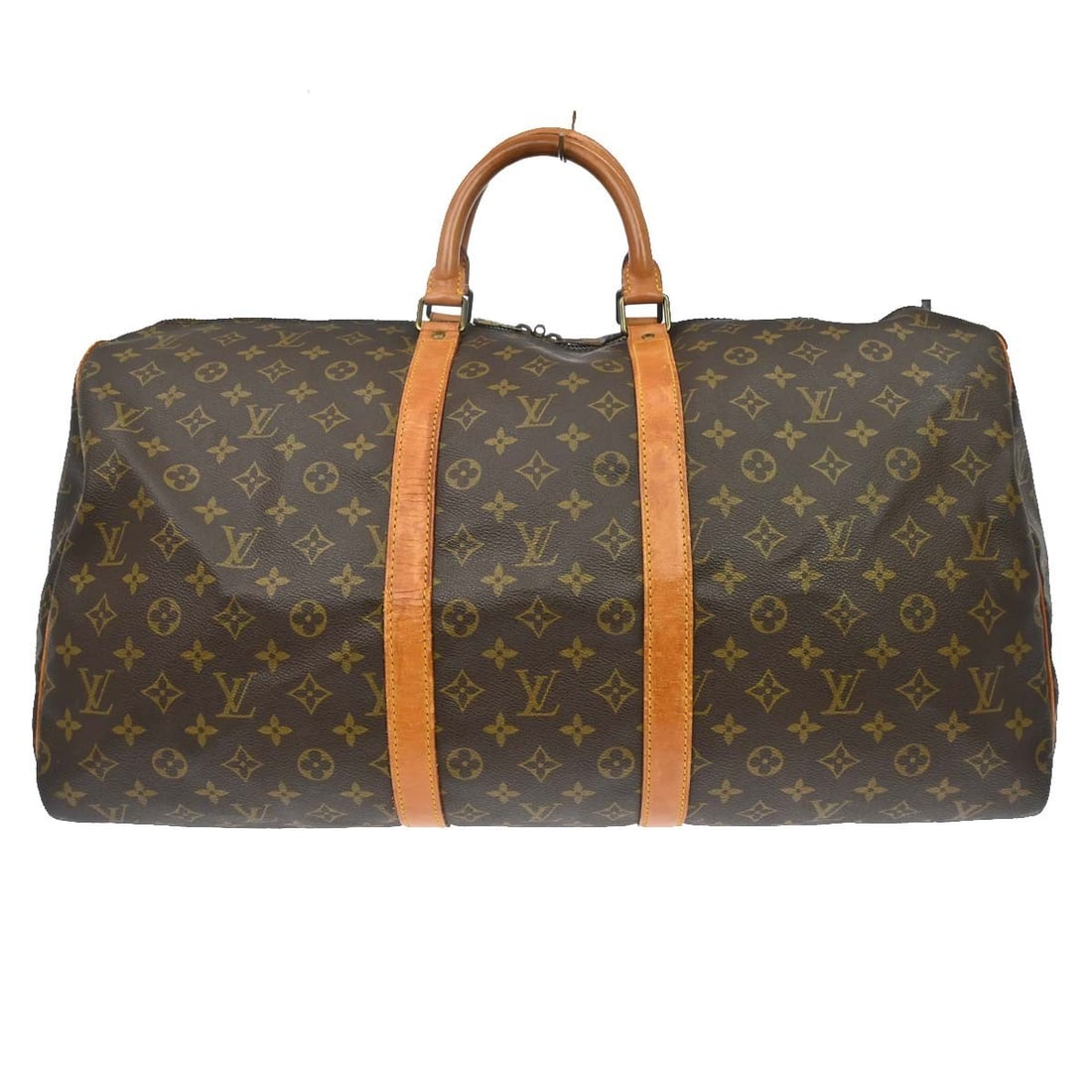 Louis Vuitton Keepall 55 Monogram Canvas Duffle Bag M41424: Louis Vuitton Keepall 55 Monogram Canvas Duffle Bag M41424 Vintage Louis Vuitton Keepall 55 travel handbag in brown Monogram canvas with leather trim and double handles. This extra-large duffle-style 