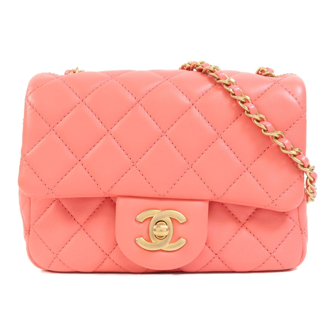 CHANEL Mini Classic 17 Pink Lambskin Chain Shoulder Bag GHW A35200: CHANEL Mini Classic 17 Pink Lambskin Chain Shoulder Bag GHW A35200 A CHANEL Mini Classic 17 chain shoulder bag in pink lambskin leather with gold-tone hardware. It features a turn-lock closure, one ou