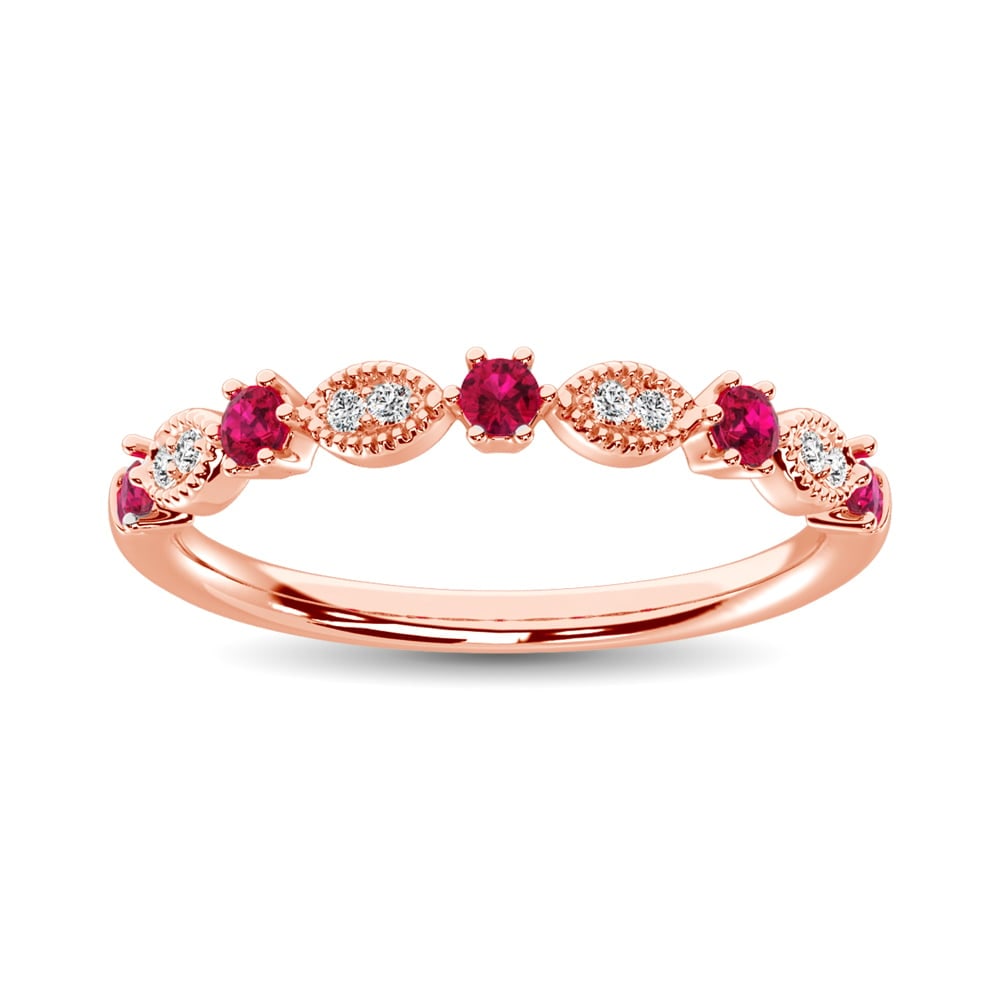 Diamond 1/3 Ct.Tw. And Ruby Stack Band in 14K Rose Gold ( 8 Diamond and 5 Ruby ): Diamond 1/3 Ct.Tw. And Ruby Stack Band in 14K Rose Gold ( 8 Diamond and 5 Ruby ) 14k Rose Gold Stone Color: G-h Stone Clarity: I1 Each ring is presented in standard size 6.5. Complimentary resizing is