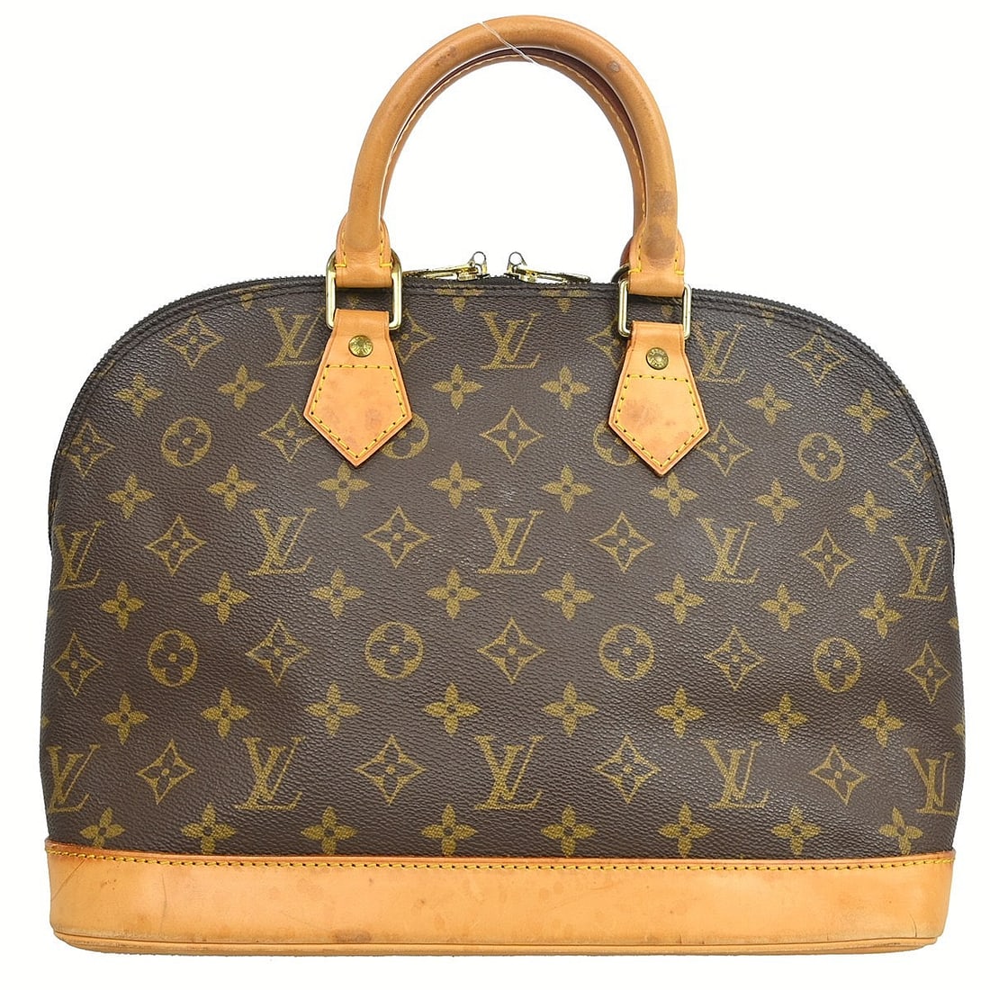 Louis Vuitton Alma Monogram Canvas Handbag M51130 BA0926: Louis Vuitton Alma Monogram Canvas Handbag M51130 BA0926 Vintage Louis Vuitton Alma handbag in Monogram canvas with leather trim and double handles. This medium handbag features a zip closure, brown c