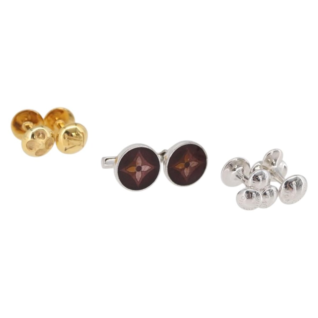 Louis Vuitton metal cufflinks 3-piece set gold silver tone LV: Louis Vuitton metal cufflinks 3-piece set gold silver tone LV Louis Vuitton cuff set in gold and silver metal. The set is offered as shown in the photo and does not include the original box or dust ba