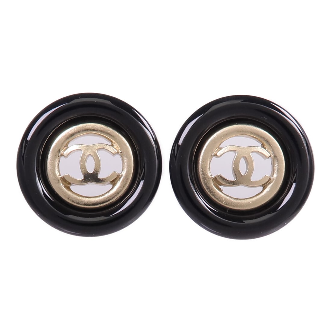 CHANEL CC Pierced Earrings Black Gold PVC Metal: CHANEL CC Pierced Earrings Black Gold PVC Metal CHANEL CC pierced earrings in black and gold, made from PVC and metal. The earrings are described as women's regular size and have no stone. Made in Fra